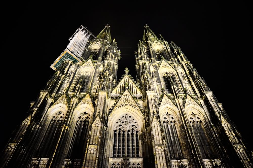 The Front Side Of The Cologne Cathedral In Night