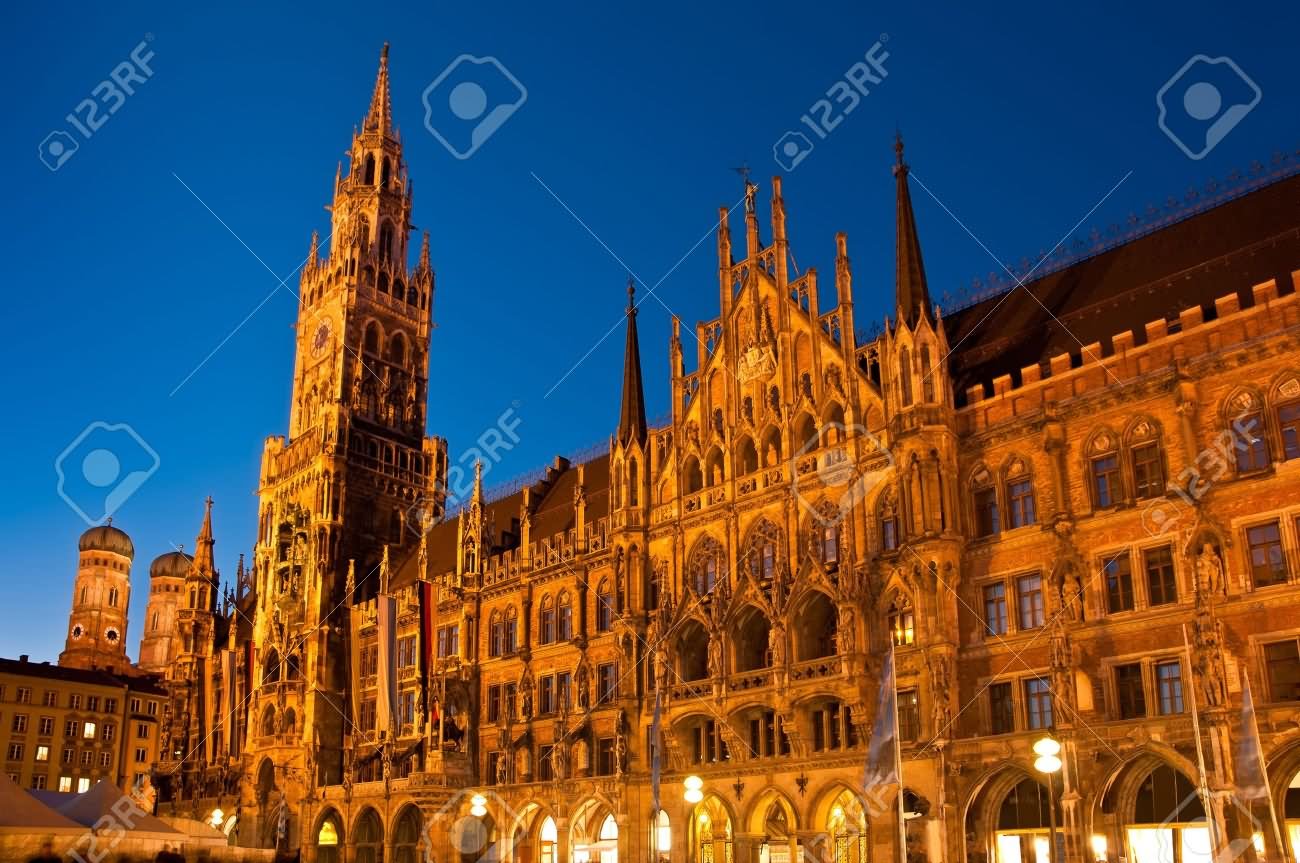 The Neues Rathaus In Munich Lit Up At Night