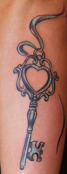 Ribbon And Heart Skeleton Key Tattoo