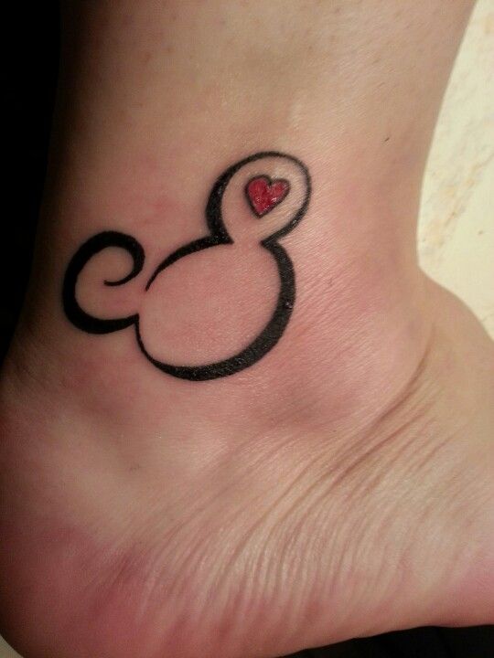Tiny Red Heart And Outline Mickey Mouse Tattoo