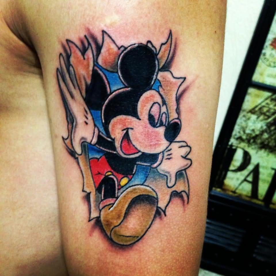 Torn Ripped Skin Mickey Mouse Tattoo On Left Bicep