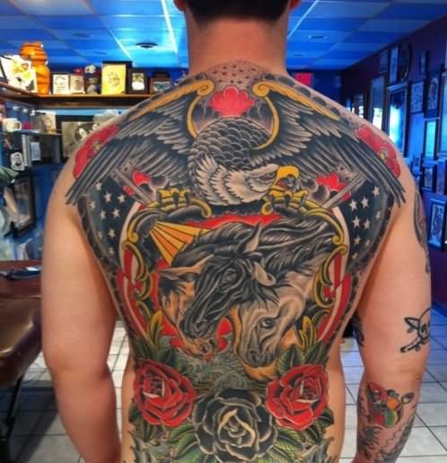 Traditional Animal Head With Eagle And Roses Tattoo On Man Full Back