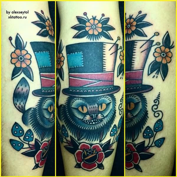 Traditional Cheshire Cat Tattoo On Sleeve