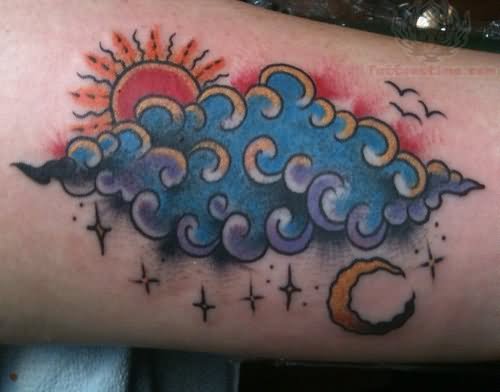 Traditional Cloud With Sun And Moon Tattoo Design