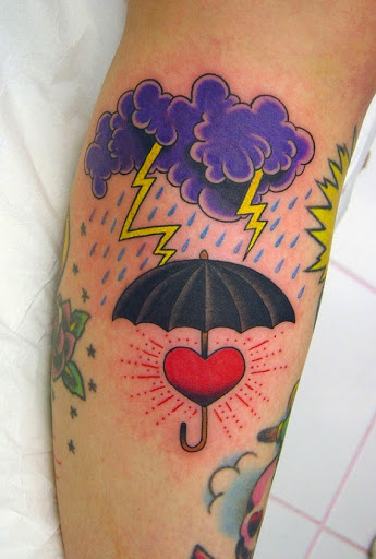 Traditional Clouds With Umbrella Tattoo Design For Sleeve