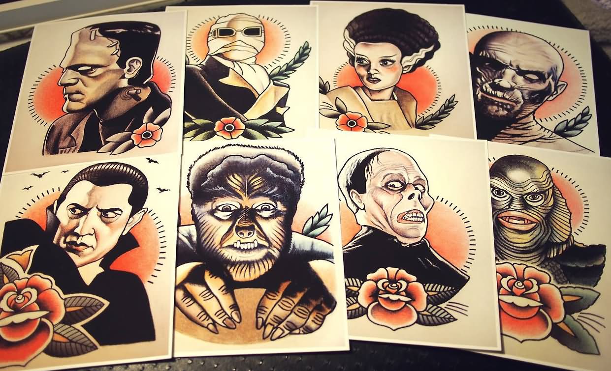 Traditional Horror Faces Tattoo Flash.