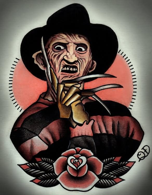 Traditional Horror Freddy Krueger With Rose Tattoo Design