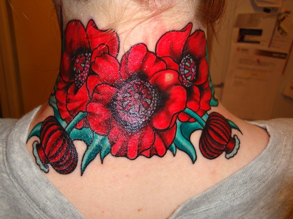 Traditional Opium Poppy Tattoo On Back Neck
