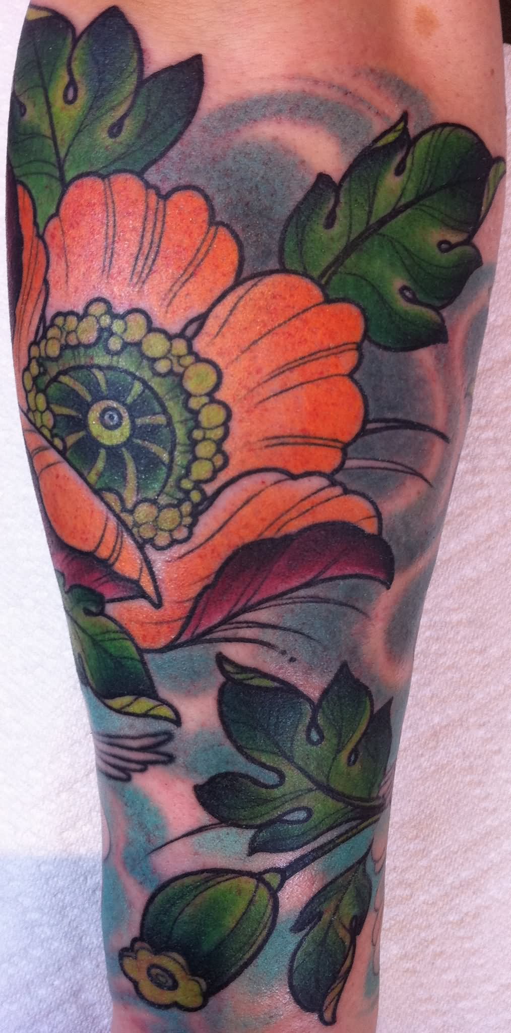 Traditional Poppy Flower Tattoo Design For Sleeve By