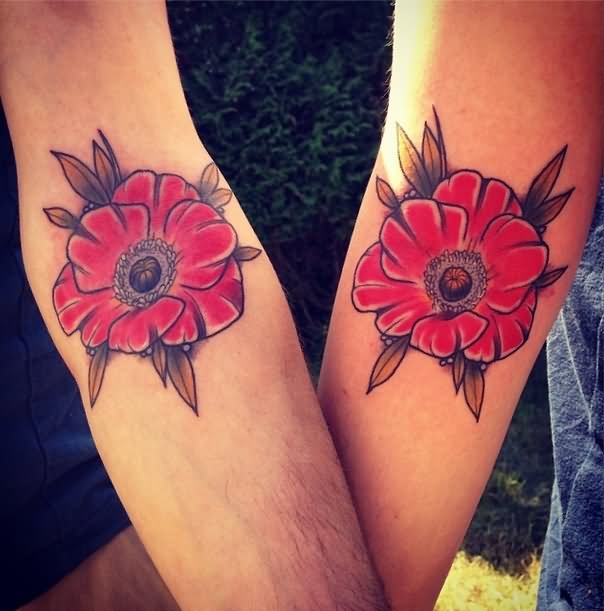 Traditional Poppy Flower Tattoo On Design For Couple Arm
