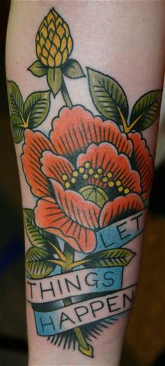 Traditional Poppy Flower With Banner Tattoo Design For Sleeve