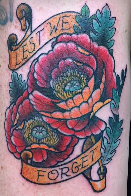 Traditional Poppy Flowers With Banner Tattoo Design