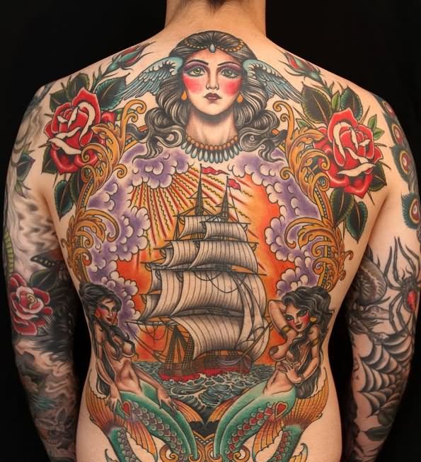Traditional Ship In Frame With Mermaids And Roses Tattoo On Full Back By Valerie Vargas