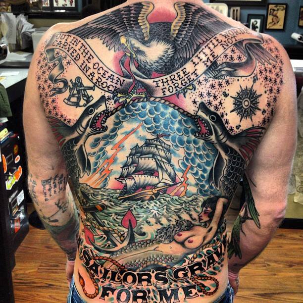 Traditional Ship With Flying Eagle And Banner Tattoo On Man Full Back By Noble Oni