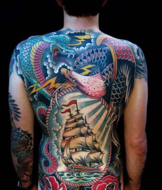 Traditional Ship With Snake And Eagle Tattoo On Man Full Back