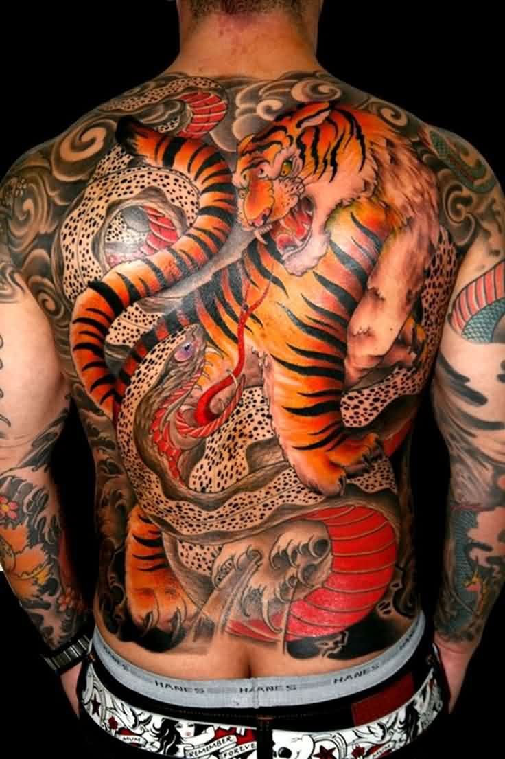 Traditional Tiger With Snake Tattoo On Man Full Back