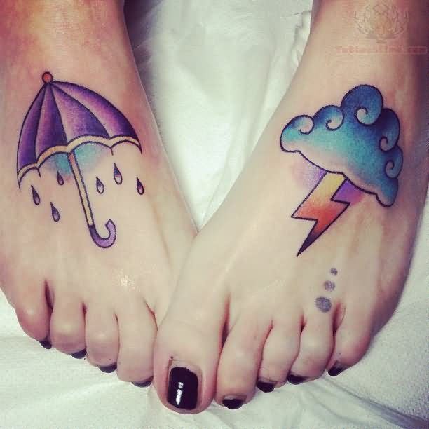 Umbrella With Cloud Tattoo On Girl Feet