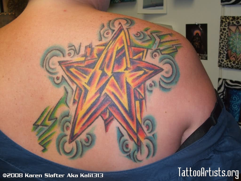 Unique Abstract Star Tattoo On Girl Right Back Shoulder