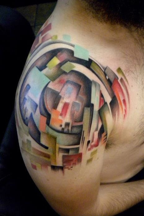 Unique Abstract Tattoo On Man Right Shoulder By Amanda Leadman