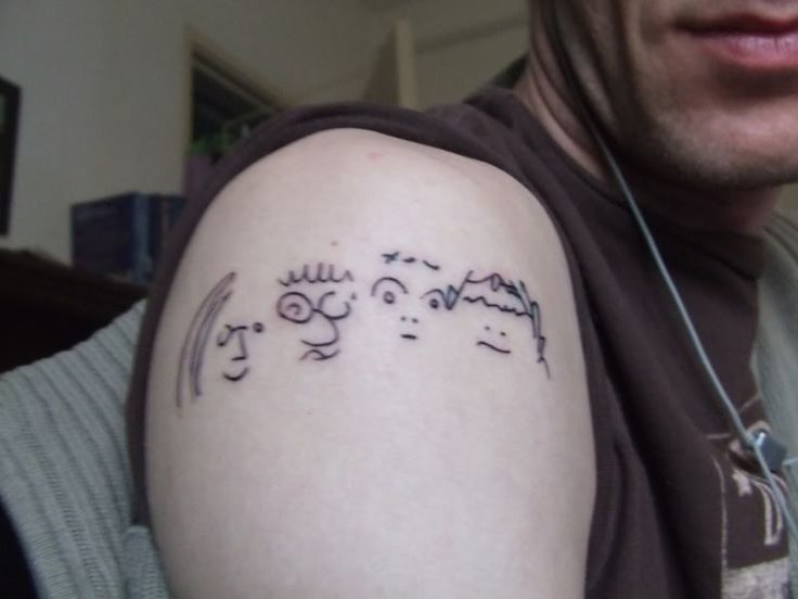 Unique Black Outline Beatles Face Tattoo On Right Shoulder