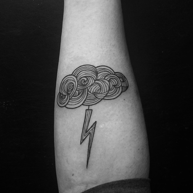 Unique Cloud With Thunderbolt Tattoo Design For Forearm
