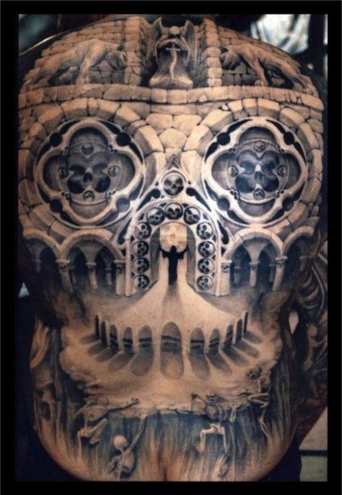 Unique Skull Castle Tattoo On Full Back