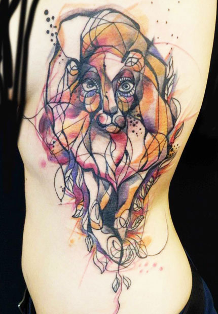 Unique Watercolor Abstract Animal Tattoo On Side Rib
