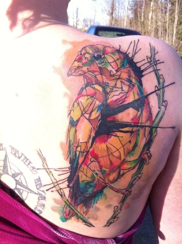 Unique Watercolor Abstract Bird Tattoo On Girl Right Back Shoulder By Candice Frisby