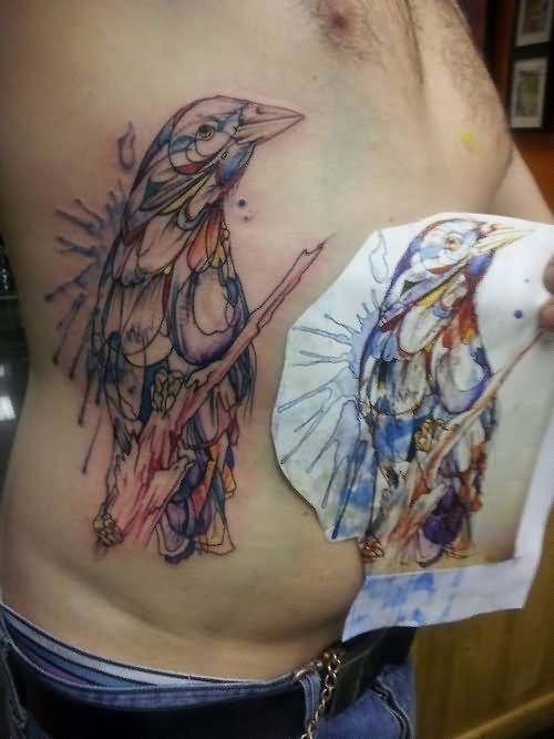 Unique Watercolor Abstract Bird Tattoo On Man Side Rib