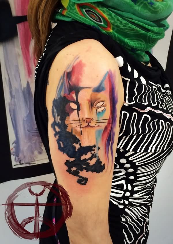 Unique Watercolor Cat Face Tattoo On Right Half Sleeve By Jackie Rabbit