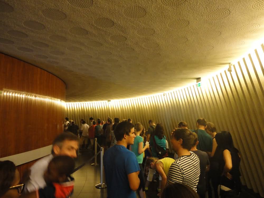 Waiting Line To The Elevator Inside The Fernsehturm Tower In Berlin
