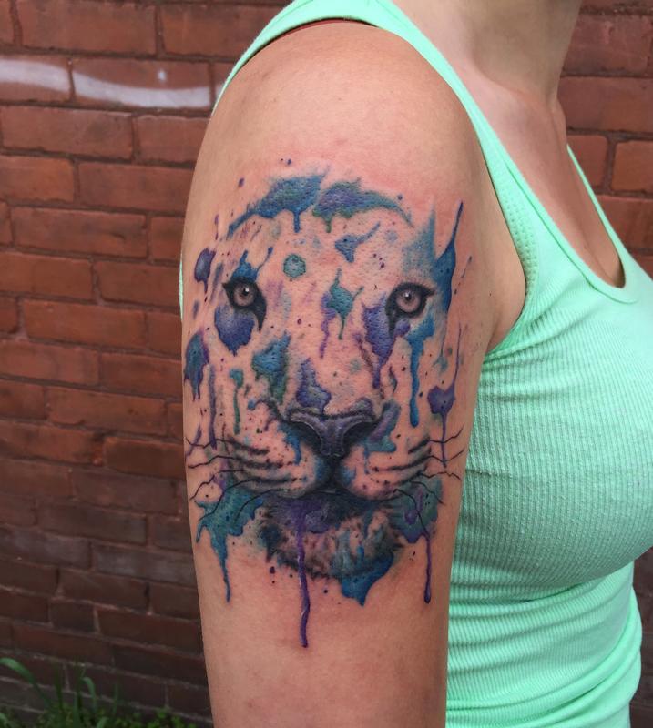 Watercolor Abstract Animals Face Tattoo On Girl Right Half Sleeve