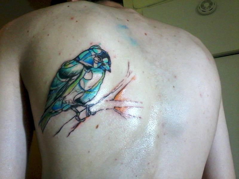 Watercolor Abstract Bird Tattoo On Left Back Shoulder