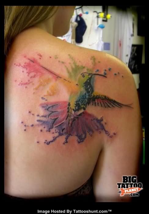 Watercolor Abstract Bird Tattoo On Right Back Shoulder