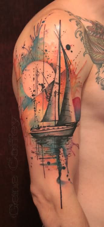 Watercolor Abstract Boat Tattoo On Man Right Half Sleeve