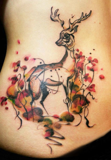 Watercolor Abstract Deer Tattoo On Side Rib