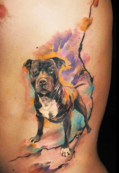 Watercolor Abstract Dog Tattoo On Side Rib