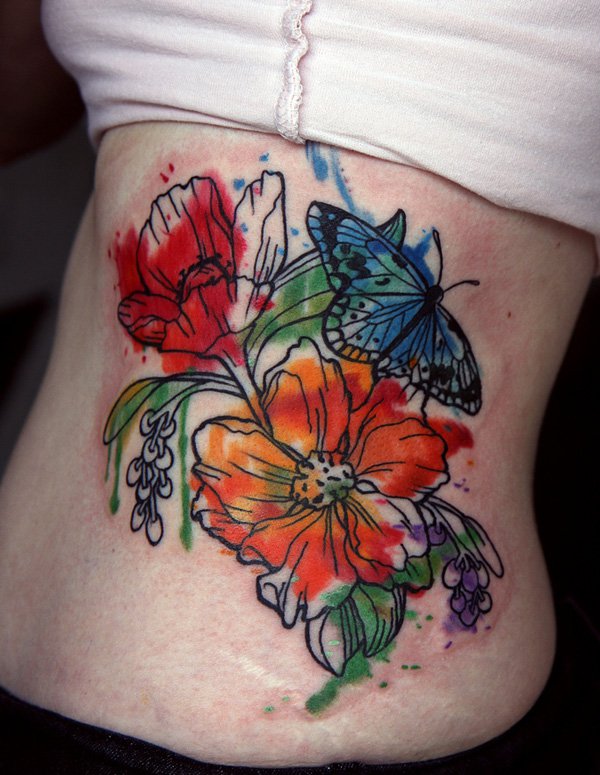 Watercolor Abstract Flower With Butterfly Tattoo On Side Rib