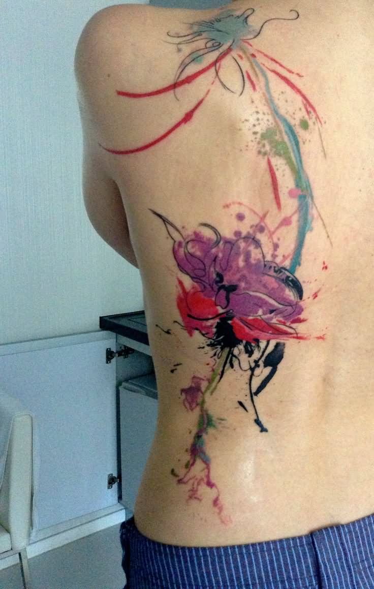 Watercolor Abstract Flowers Tattoo On Back