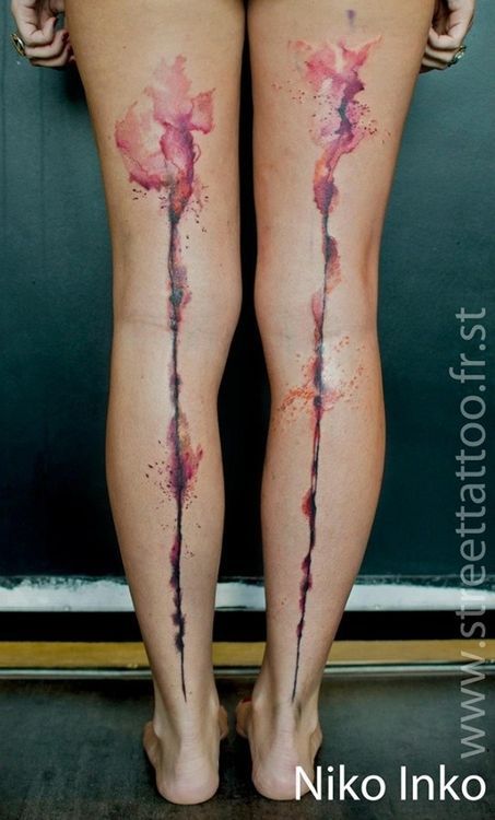 Watercolor Abstract Flowers Tattoo On Both Leg
