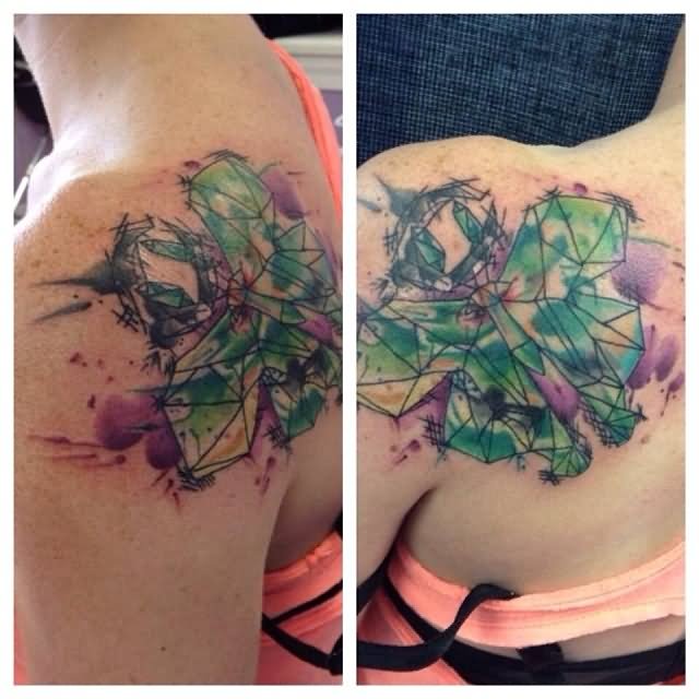 Watercolor Abstract Geometric Butterfly Tattoo On Girl Left Back Shoulder By Jessica