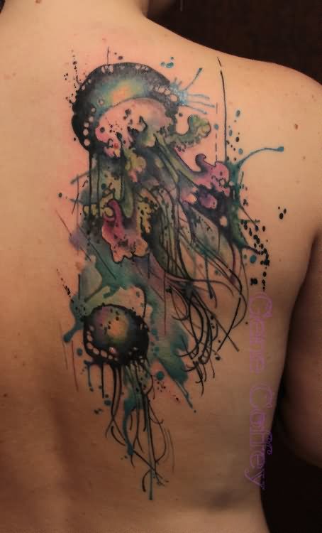Watercolor Abstract Jellyfish Tattoo On Right Back Shoulder By Gene Coffey