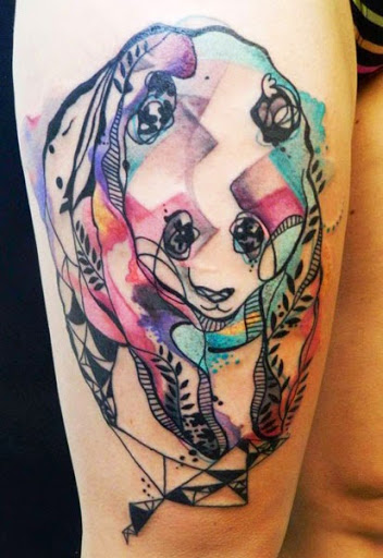 Watercolor Abstract Panda Tattoo On Thigh