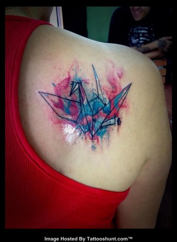 Watercolor Abstract Paper Bird Tattoo On Right Back Shoulder