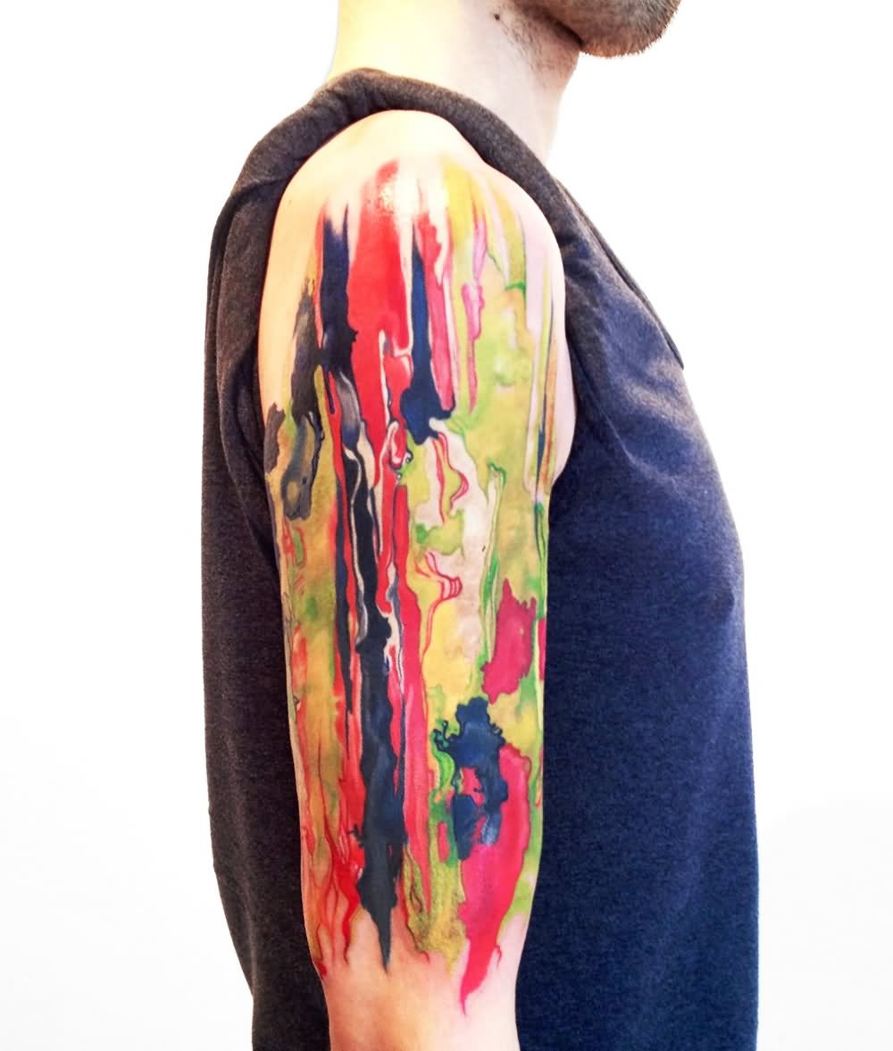 Watercolor Abstract Tattoo On Man Right Half Sleeve