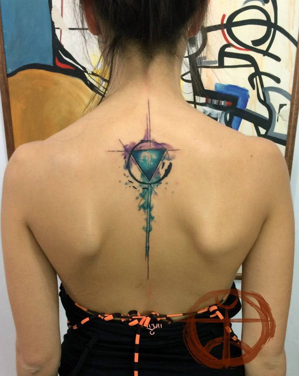Watercolor Abstract Triangle In Circle Tattoo On Girl Upper Back