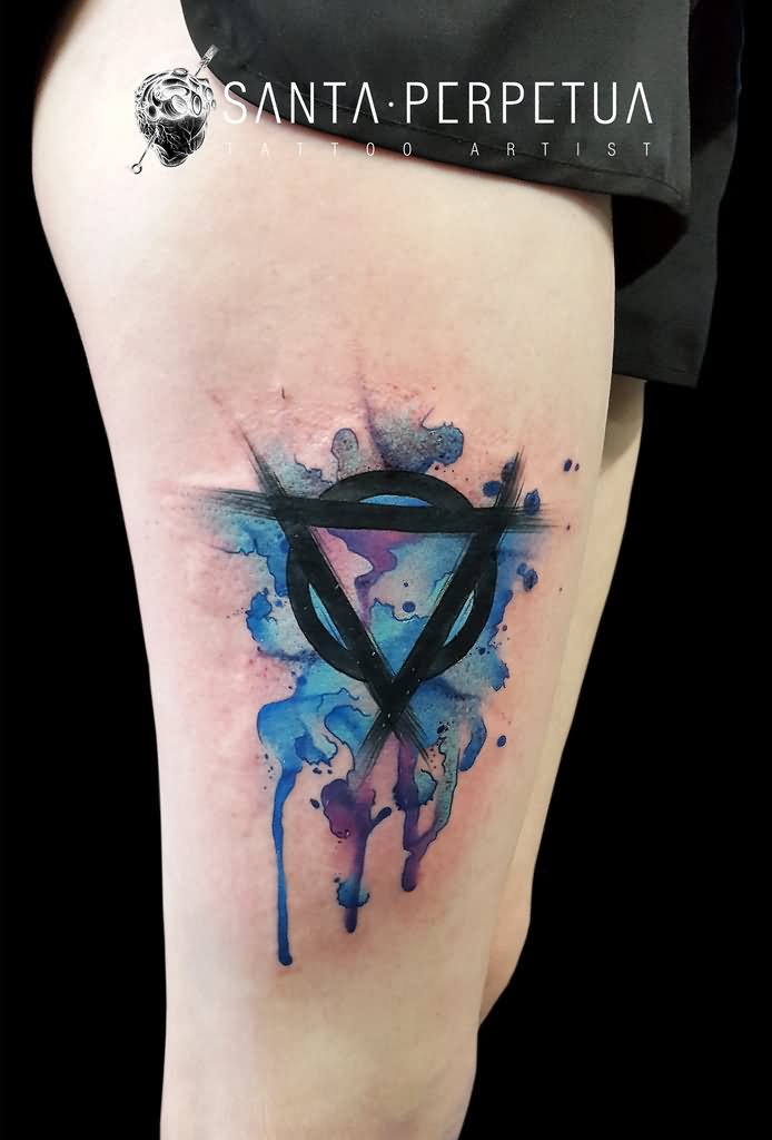 Watercolor Abstract Triangle With Circle Tattoo On Thigh