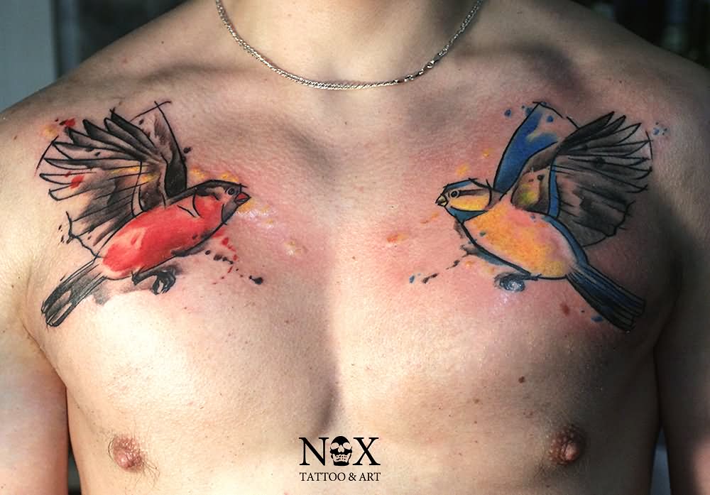 Watercolor Abstract Two Flying Birds Tattoo On Man Chest