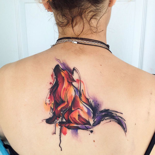Watercolor Abstract Wolf Tattoo On Girl Upper Back By Adrian Bascur