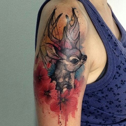 Watercolor Deer Tattoo On Girl Right Shoulder